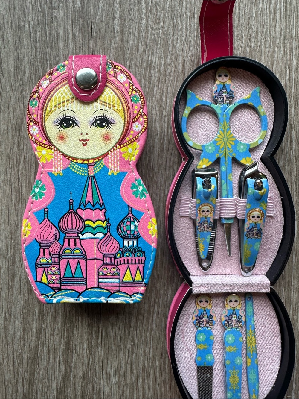 Russian Doll Manicure Set Matryoshka Nail Kit Travel Case Red Blue Pink Purple🪆 - Picture 6 of 8
